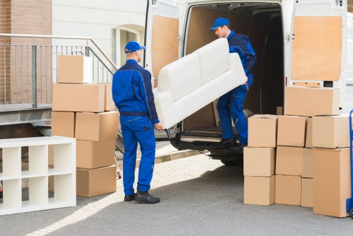 Packed office equipment ready for relocation in Stockwell