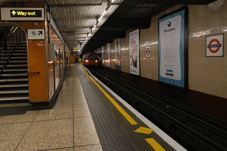 Inside the underground platform at Stockwell station, the image shows a tiled wall with advertisements, including a large Moneybox poster, and directional signage with a yellow arrow indicating the way out. A black metal staircase with orange tiles on the side is located on the left, leading to an upper level. On the platform, there are several cardboard boxes and wrapped furniture items positioned near the edge, ready for a home relocation or furniture transport. A man with van service provider, Man with Van Stockwell, is likely involved in the loading process, which includes carrying and positioning moving boxes and furniture, with a visible section of a red train approaching at the far end of the platform. The lighting is utilitarian, emphasizing the functional environment typical of underground stations, supporting efficient packing and moving logistics for tight access jobs at Stockwell.